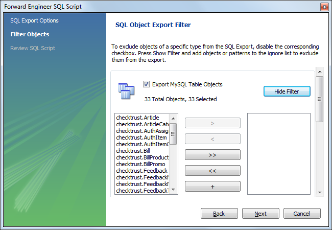 Экспорт mwb в SQL - выбор таблиц