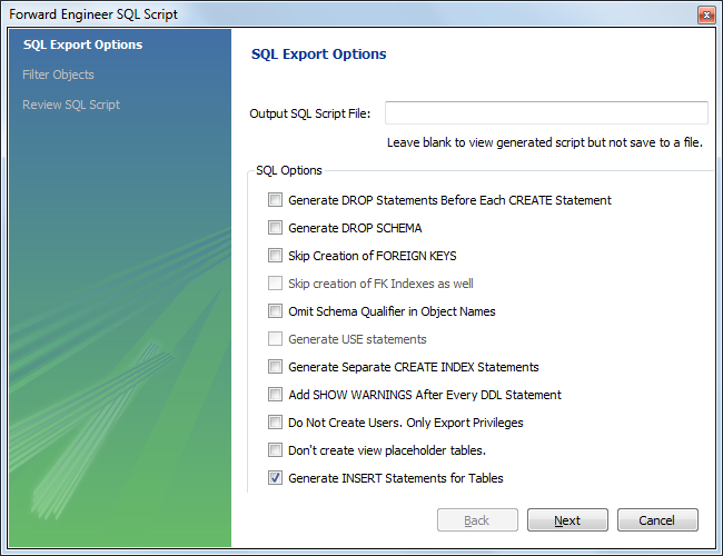 Экспорт mwb в SQL - настройки